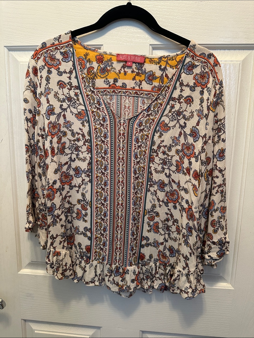 Rose & Thyme Ivory Floral Border-Print Peasant Tunic